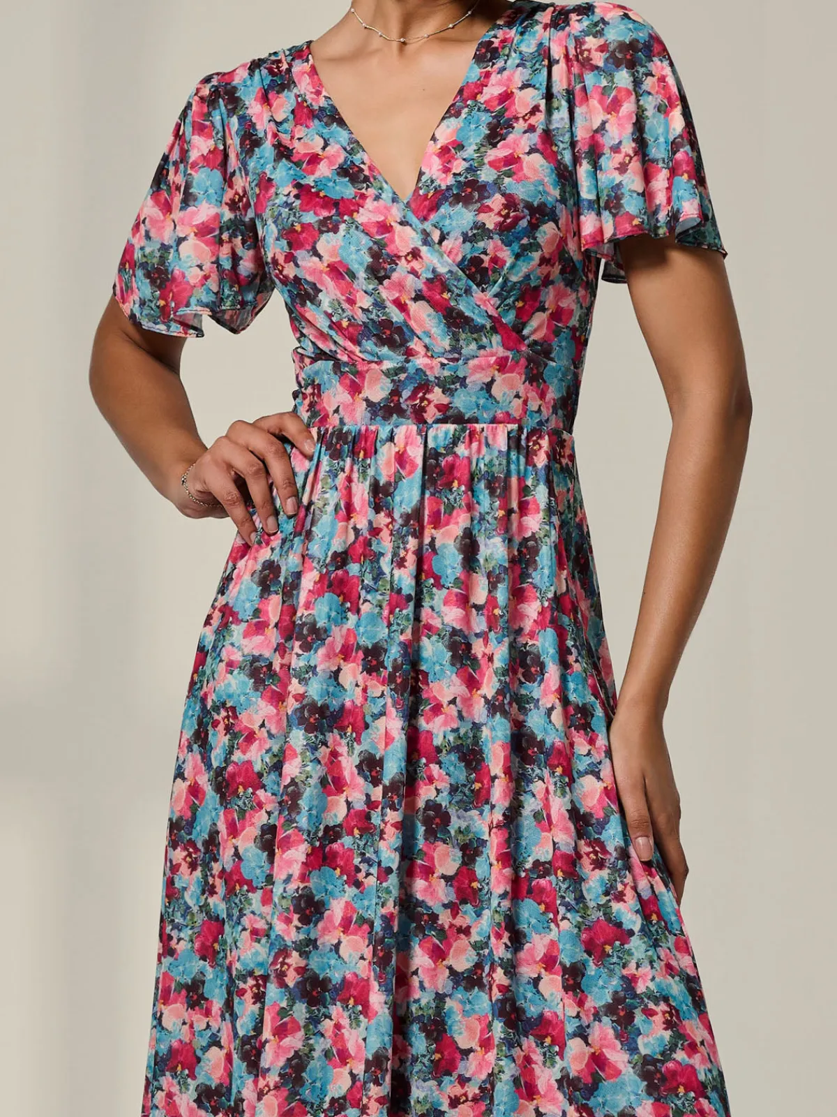Jolie Moi Occasion Dresses|Floral Dresses-Wrap Front Mesh Maxi Dress, Teal Multi