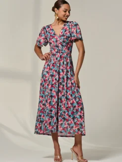 Jolie Moi Occasion Dresses|Floral Dresses-Wrap Front Mesh Maxi Dress, Teal Multi