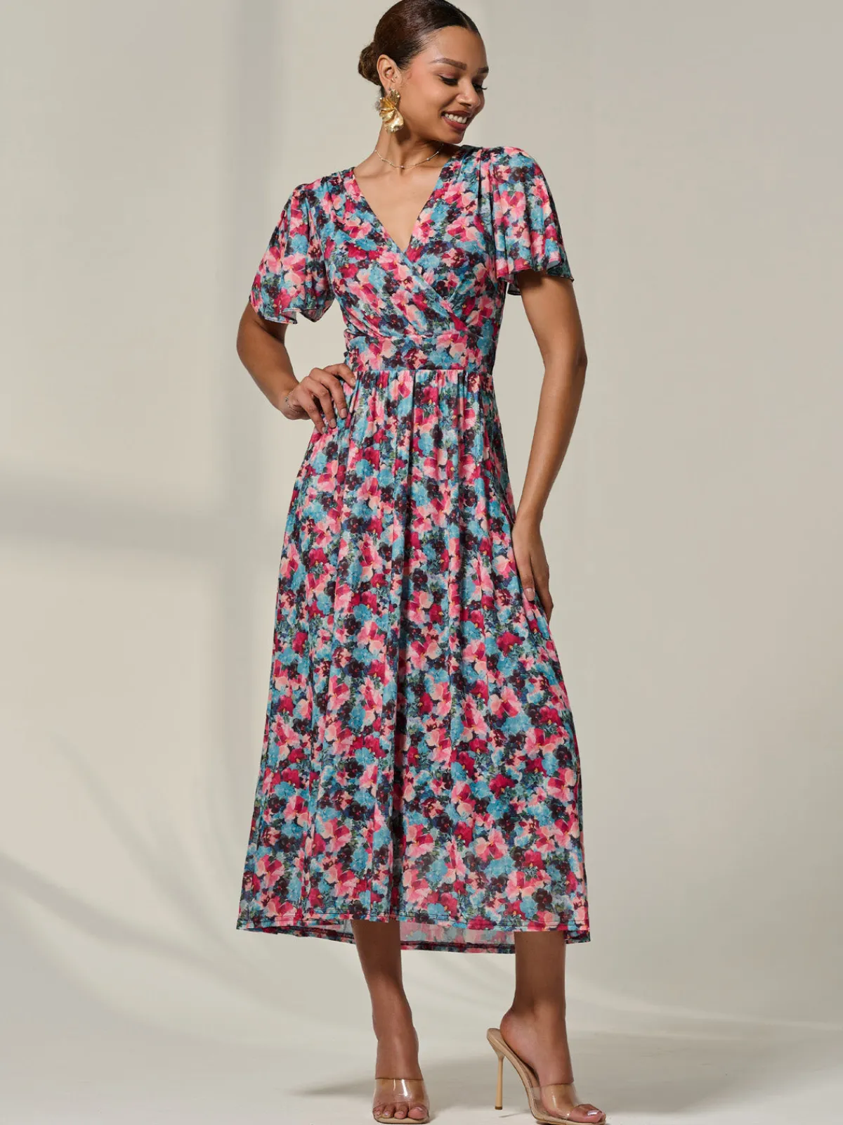 Jolie Moi Occasion Dresses|Floral Dresses-Wrap Front Mesh Maxi Dress, Teal Multi