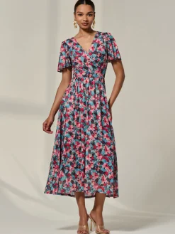 Jolie Moi Occasion Dresses|Floral Dresses-Wrap Front Mesh Maxi Dress, Teal Multi