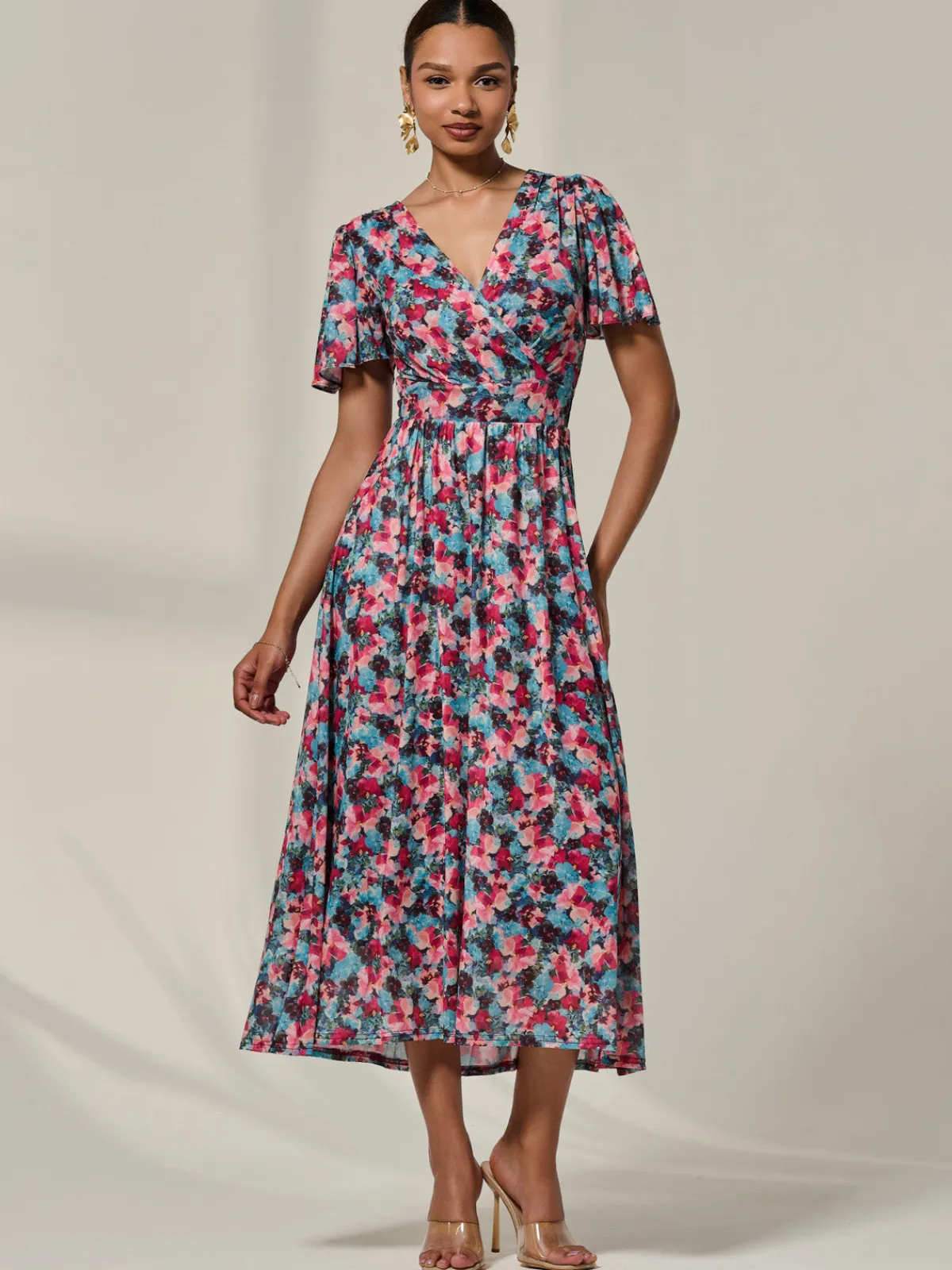 Jolie Moi Occasion Dresses|Floral Dresses-Wrap Front Mesh Maxi Dress, Teal Multi