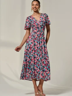 Jolie Moi Occasion Dresses|Floral Dresses-Wrap Front Mesh Maxi Dress, Teal Multi