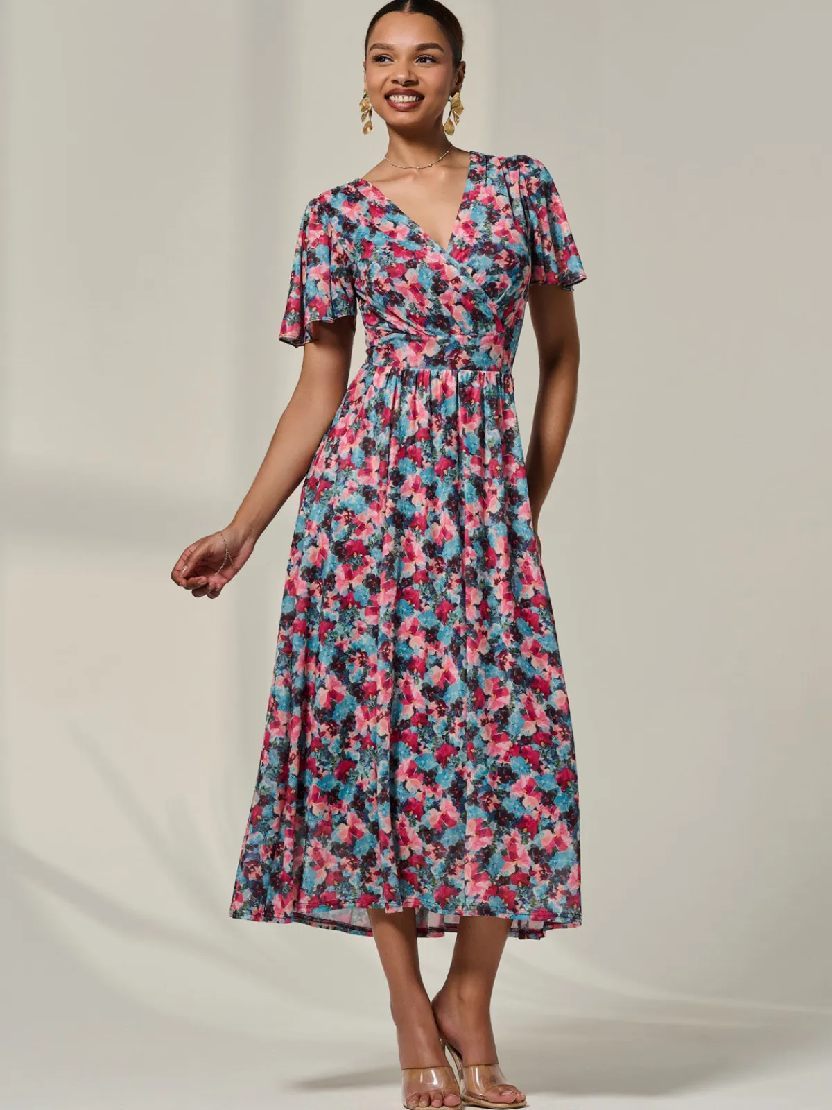 Jolie Moi Occasion Dresses|Floral Dresses-Wrap Front Mesh Maxi Dress, Teal Multi