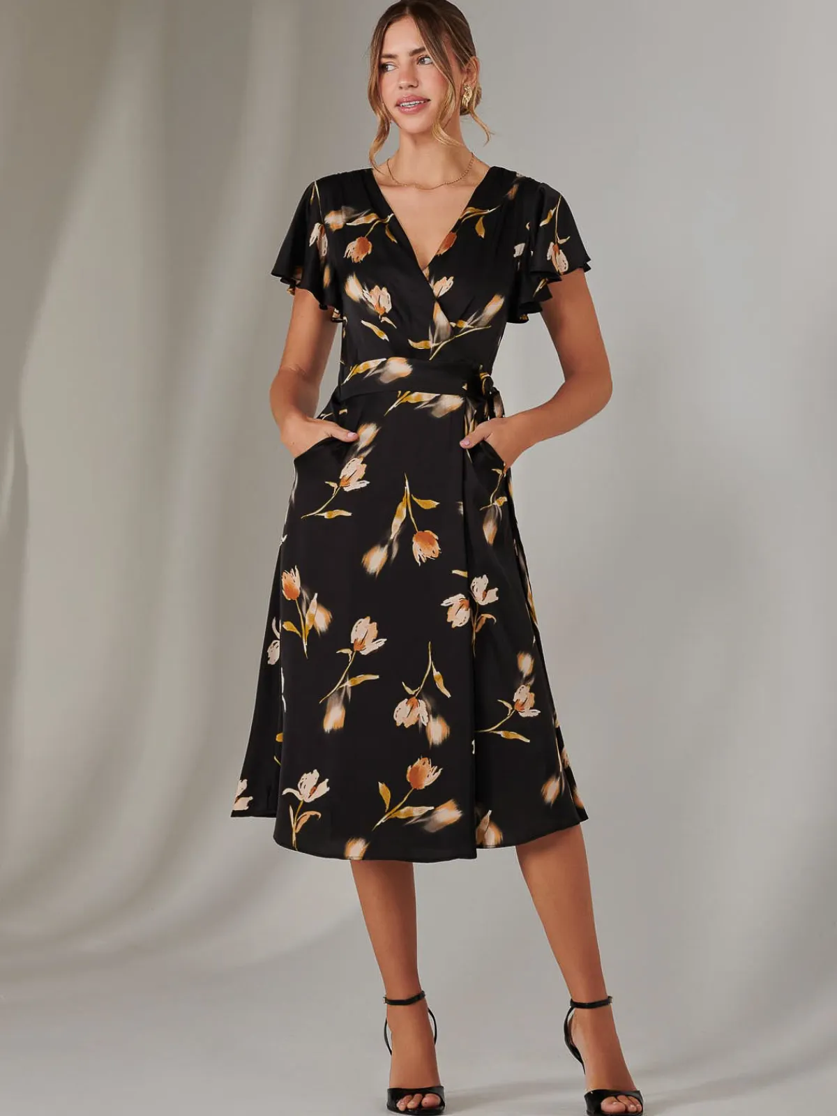 Jolie Moi Occasion Dresses|Floral Dresses-Wrap Front Midi Dress, Black Floral