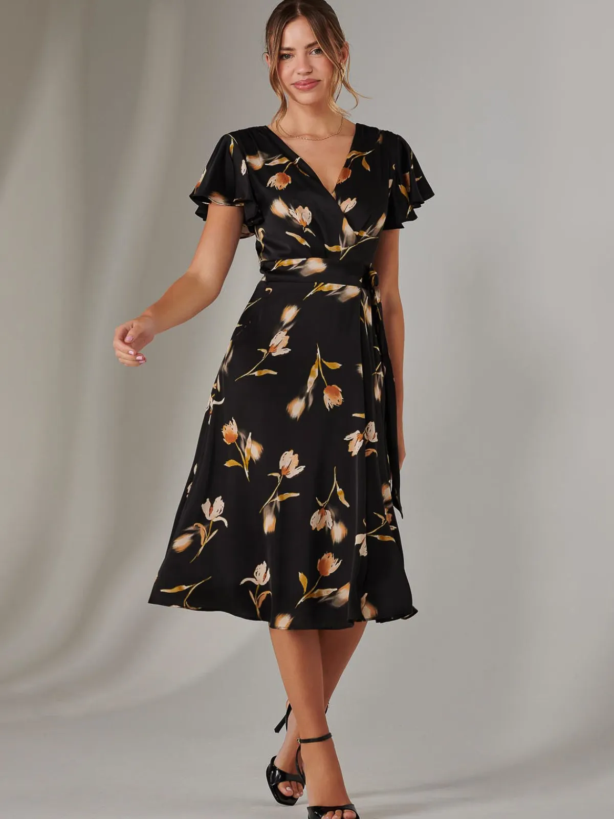 Jolie Moi Occasion Dresses|Floral Dresses-Wrap Front Midi Dress, Black Floral