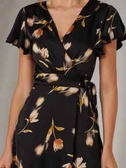 Jolie Moi Occasion Dresses|Floral Dresses-Wrap Front Midi Dress, Black Floral