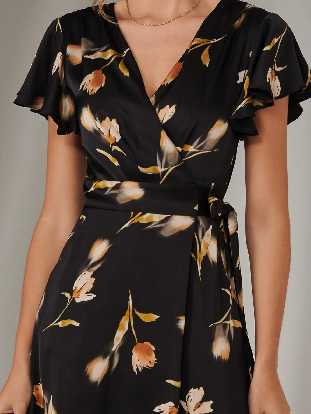 Jolie Moi Occasion Dresses|Floral Dresses-Wrap Front Midi Dress, Black Floral