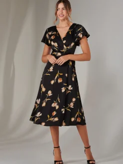 Jolie Moi Occasion Dresses|Floral Dresses-Wrap Front Midi Dress, Black Floral