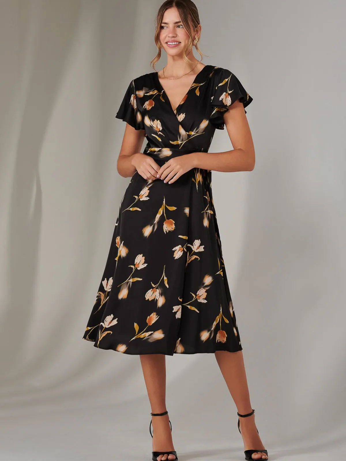 Jolie Moi Occasion Dresses|Floral Dresses-Wrap Front Midi Dress, Black Floral
