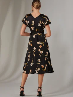 Jolie Moi Occasion Dresses|Floral Dresses-Wrap Front Midi Dress, Black Floral