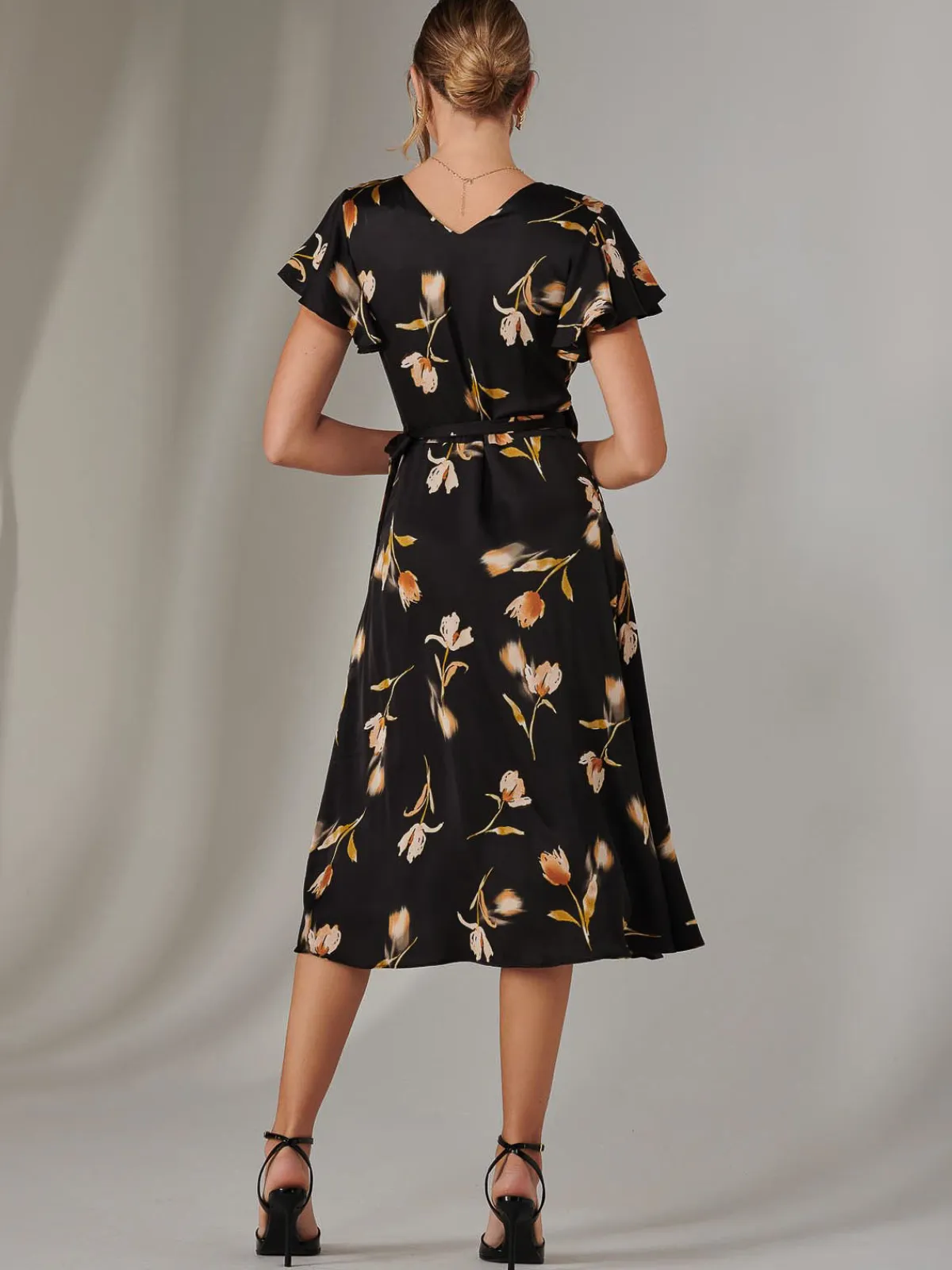 Jolie Moi Occasion Dresses|Floral Dresses-Wrap Front Midi Dress, Black Floral