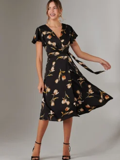Jolie Moi Occasion Dresses|Floral Dresses-Wrap Front Midi Dress, Black Floral