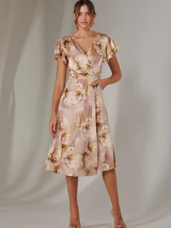 Jolie Moi Occasion Dresses|Floral Dresses-Wrap Front Midi Dress, Dusty Pink