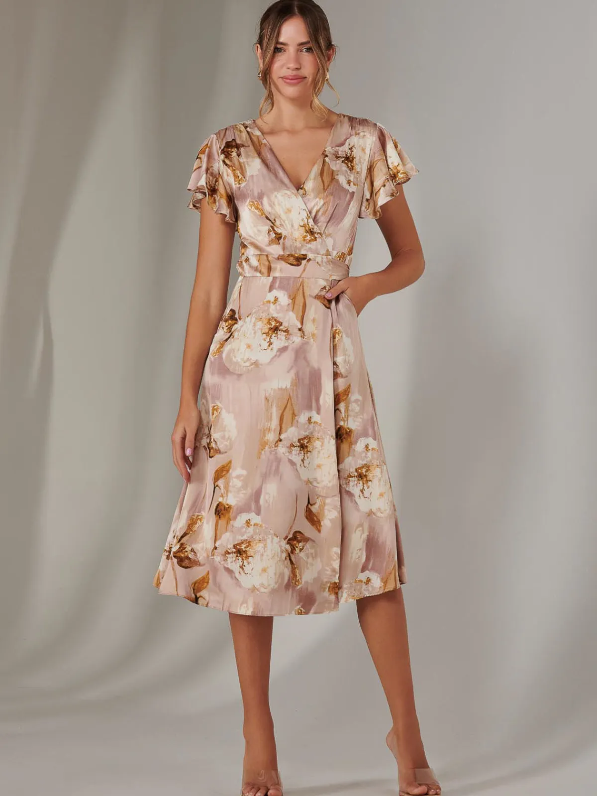 Jolie Moi Occasion Dresses|Floral Dresses-Wrap Front Midi Dress, Dusty Pink