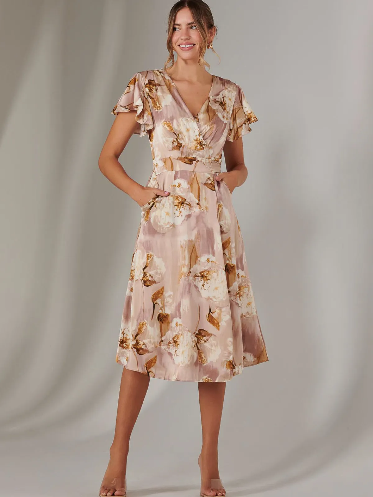Jolie Moi Occasion Dresses|Floral Dresses-Wrap Front Midi Dress, Dusty Pink