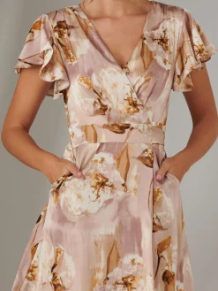 Jolie Moi Occasion Dresses|Floral Dresses-Wrap Front Midi Dress, Dusty Pink