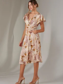 Jolie Moi Occasion Dresses|Floral Dresses-Wrap Front Midi Dress, Dusty Pink