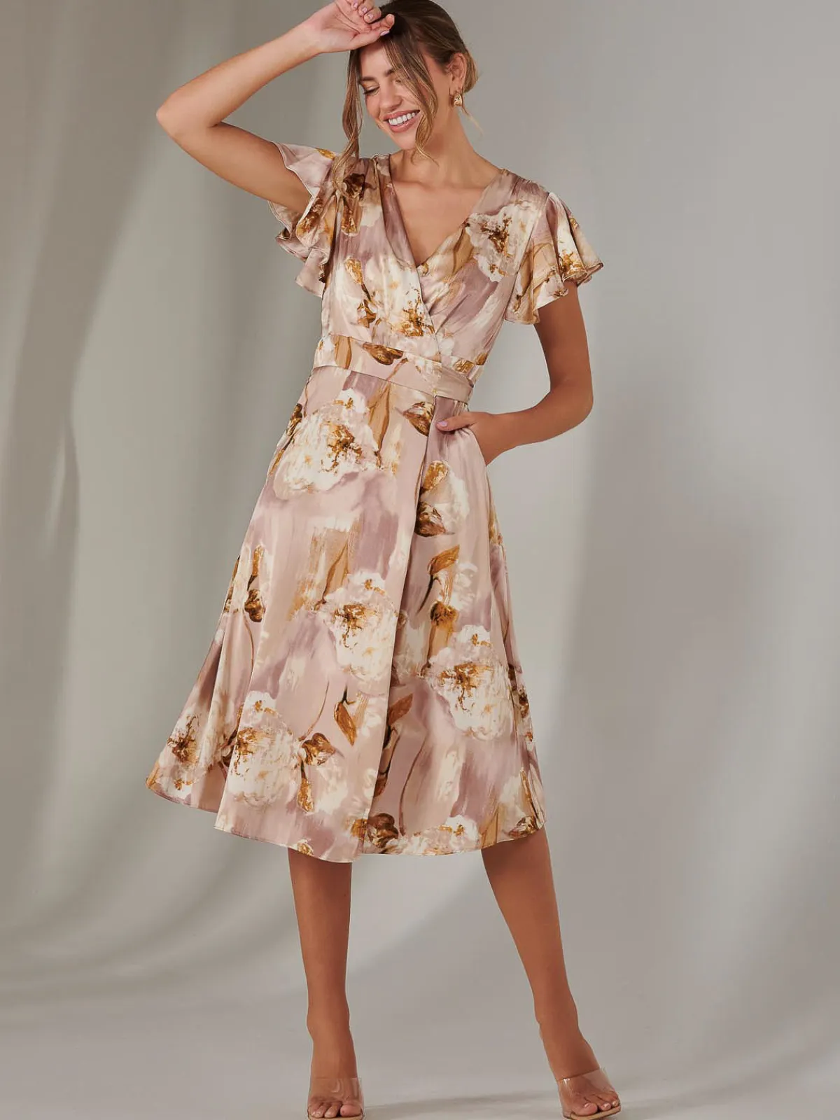 Jolie Moi Occasion Dresses|Floral Dresses-Wrap Front Midi Dress, Dusty Pink
