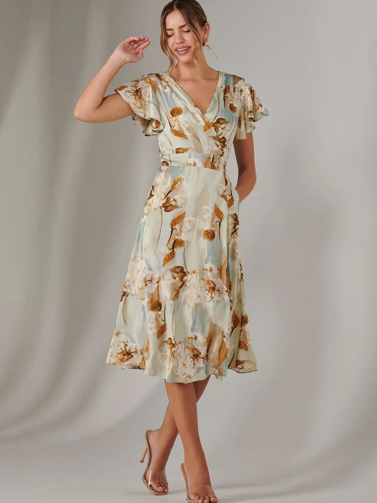 Jolie Moi Occasion Dresses|Floral Dresses-Wrap Front Midi Dress, Mint Green