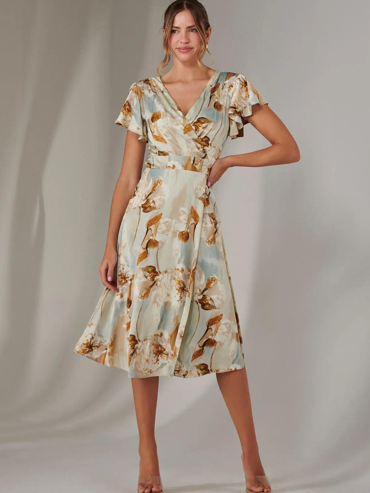 Jolie Moi Occasion Dresses|Floral Dresses-Wrap Front Midi Dress, Mint Green