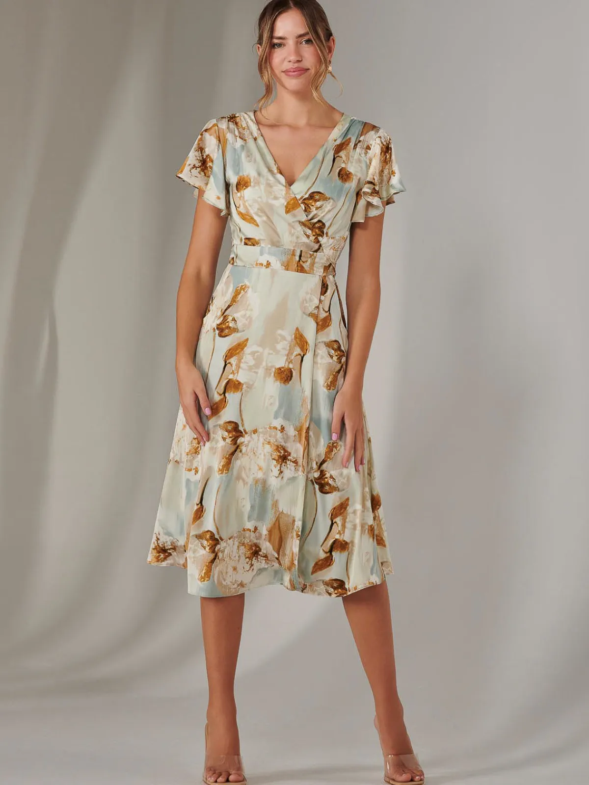 Jolie Moi Occasion Dresses|Floral Dresses-Wrap Front Midi Dress, Mint Green
