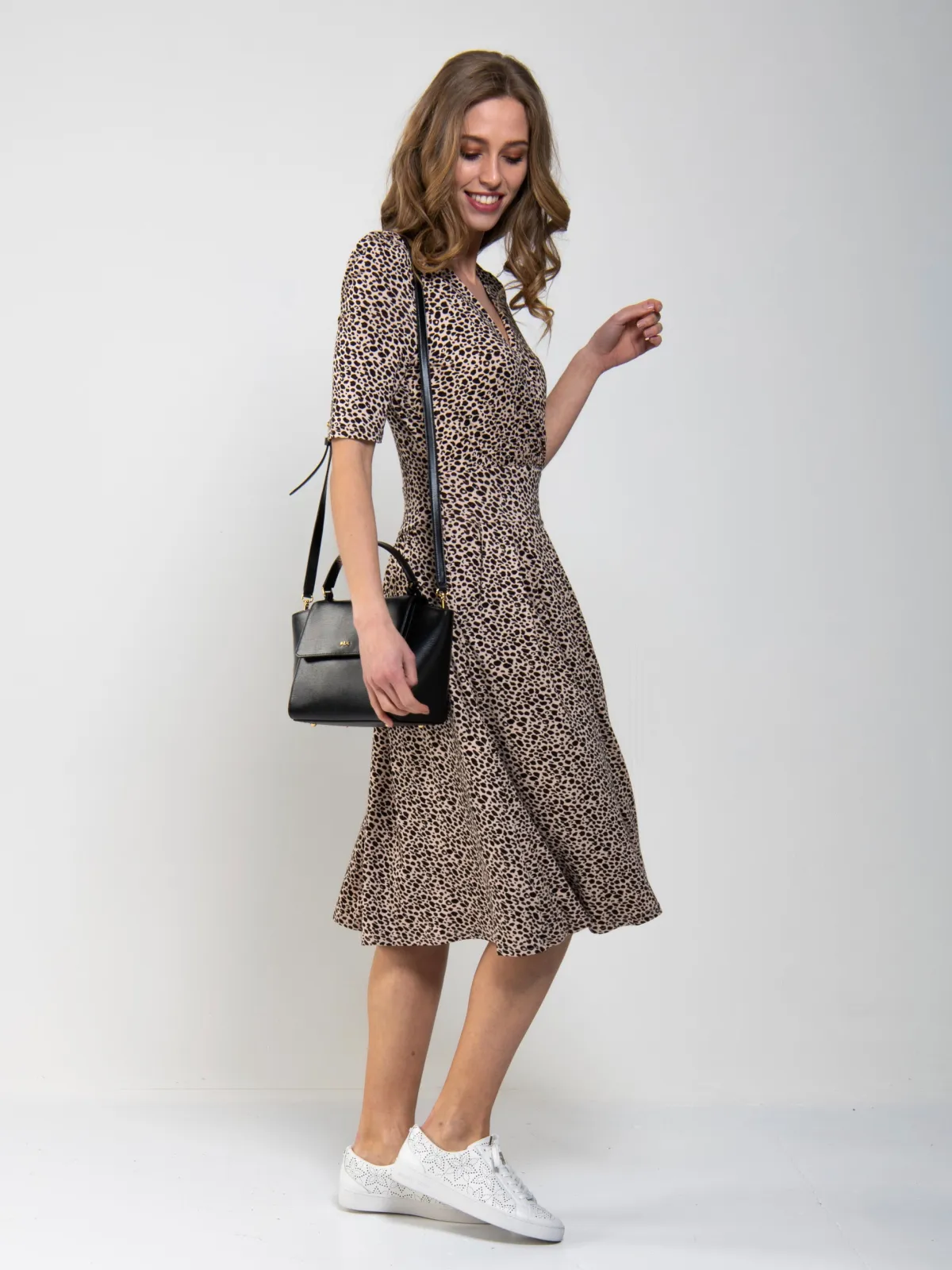 Jolie Moi Office Wear|Office Dresses-Wrap Front Viscose Dress, Neutral Animal