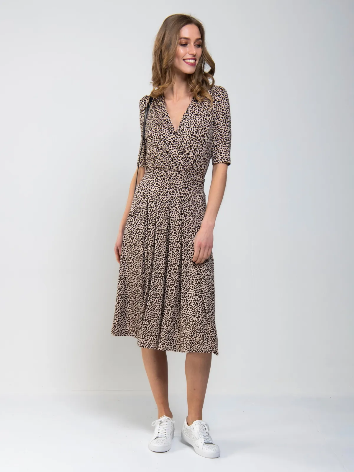 Jolie Moi Office Wear|Office Dresses-Wrap Front Viscose Dress, Neutral Animal