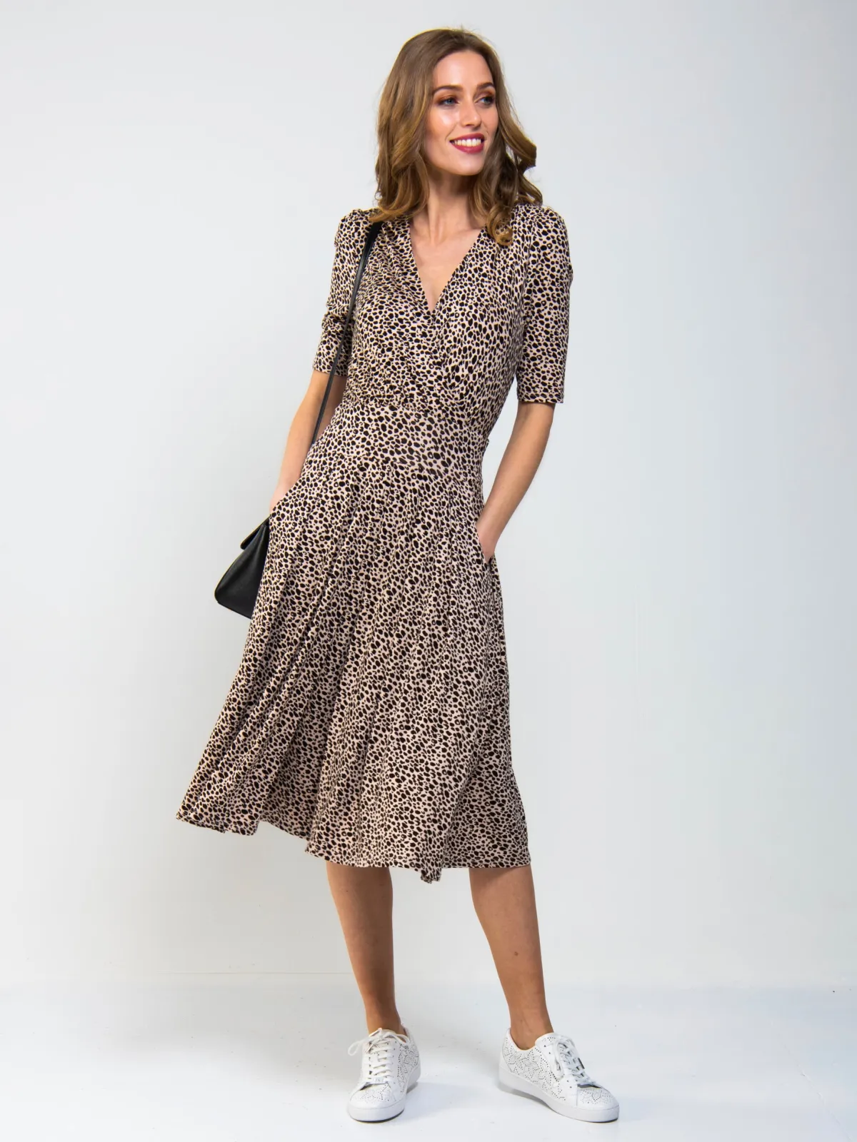 Jolie Moi Office Wear|Office Dresses-Wrap Front Viscose Dress, Neutral Animal