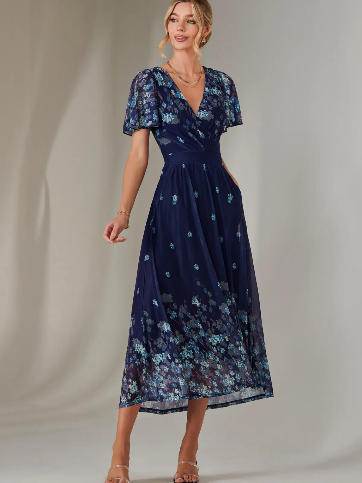 Jolie Moi Occasion Dresses|Floral Dresses-Wrap Maxi Dress, Navy Floral