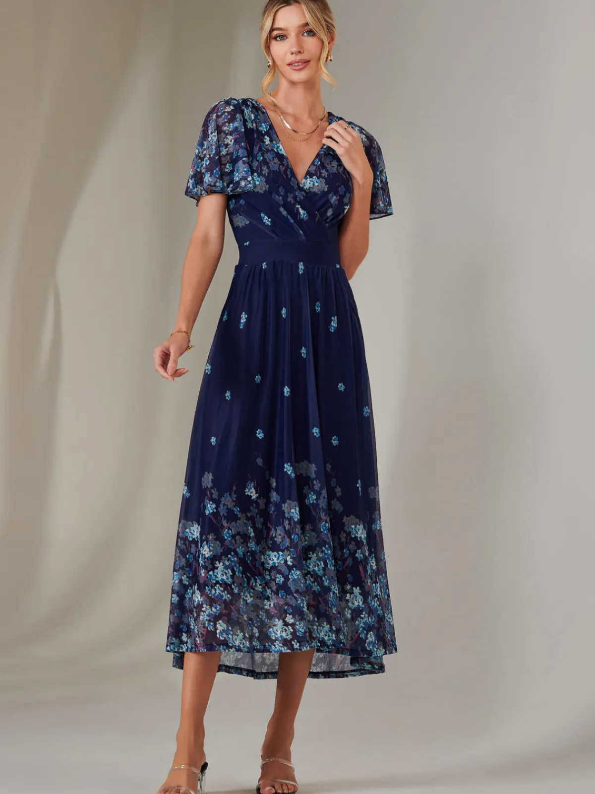 Jolie Moi Occasion Dresses|Floral Dresses-Wrap Maxi Dress, Navy Floral