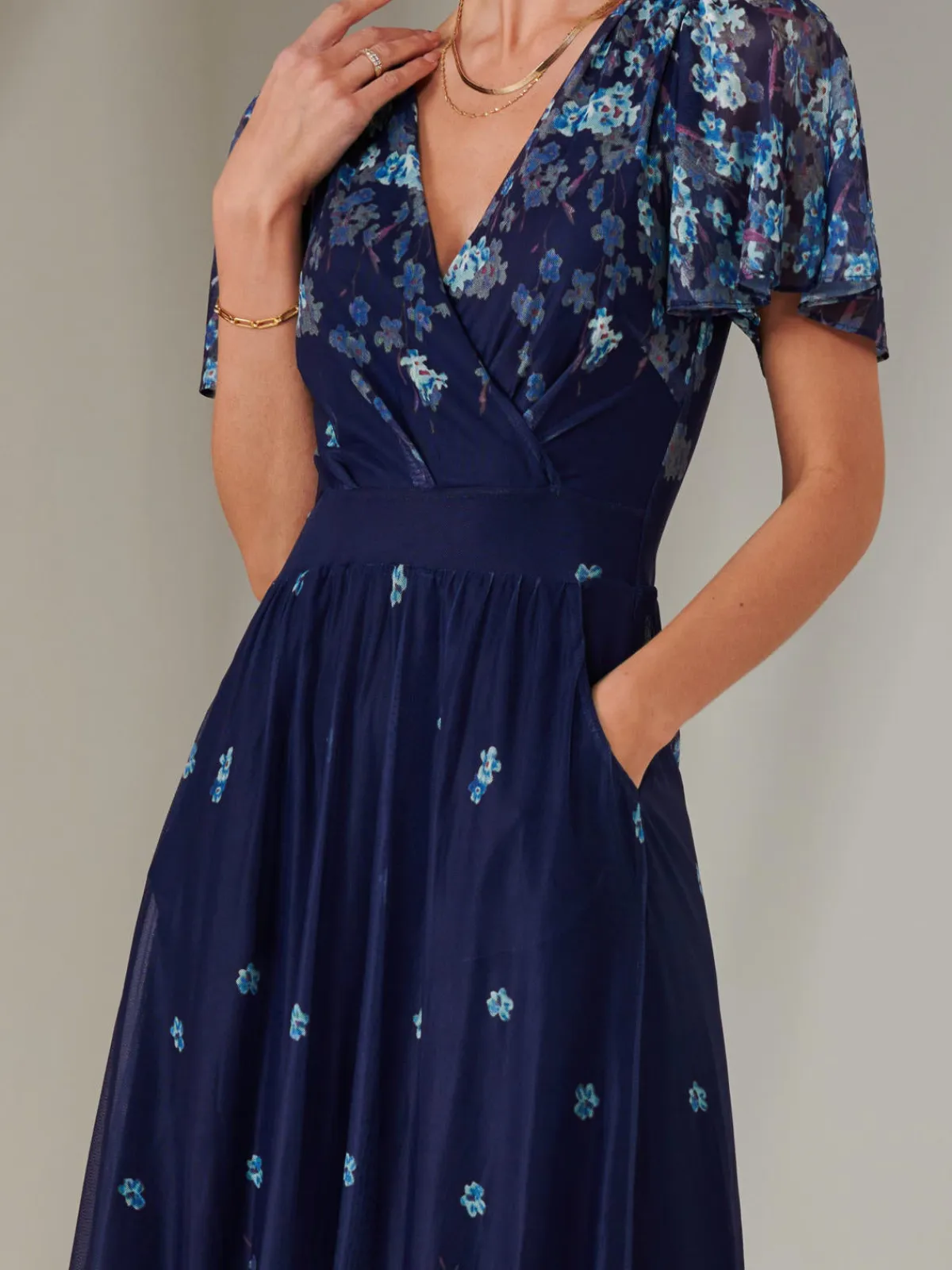 Jolie Moi Occasion Dresses|Floral Dresses-Wrap Maxi Dress, Navy Floral