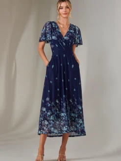 Jolie Moi Occasion Dresses|Floral Dresses-Wrap Maxi Dress, Navy Floral