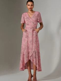 Jolie Moi Occasion Dresses|Floral Dresses-Wrap Midaxi Dress, Pink Floral