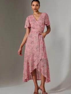 Jolie Moi Occasion Dresses|Floral Dresses-Wrap Midaxi Dress, Pink Floral