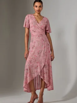 Jolie Moi Occasion Dresses|Floral Dresses-Wrap Midaxi Dress, Pink Floral