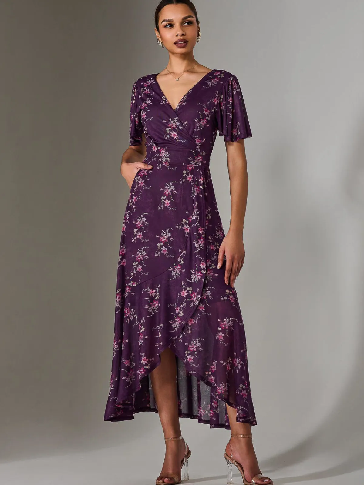 Jolie Moi Occasion Dresses|Floral Dresses-Wrap Midaxi Dress, Purple Floral