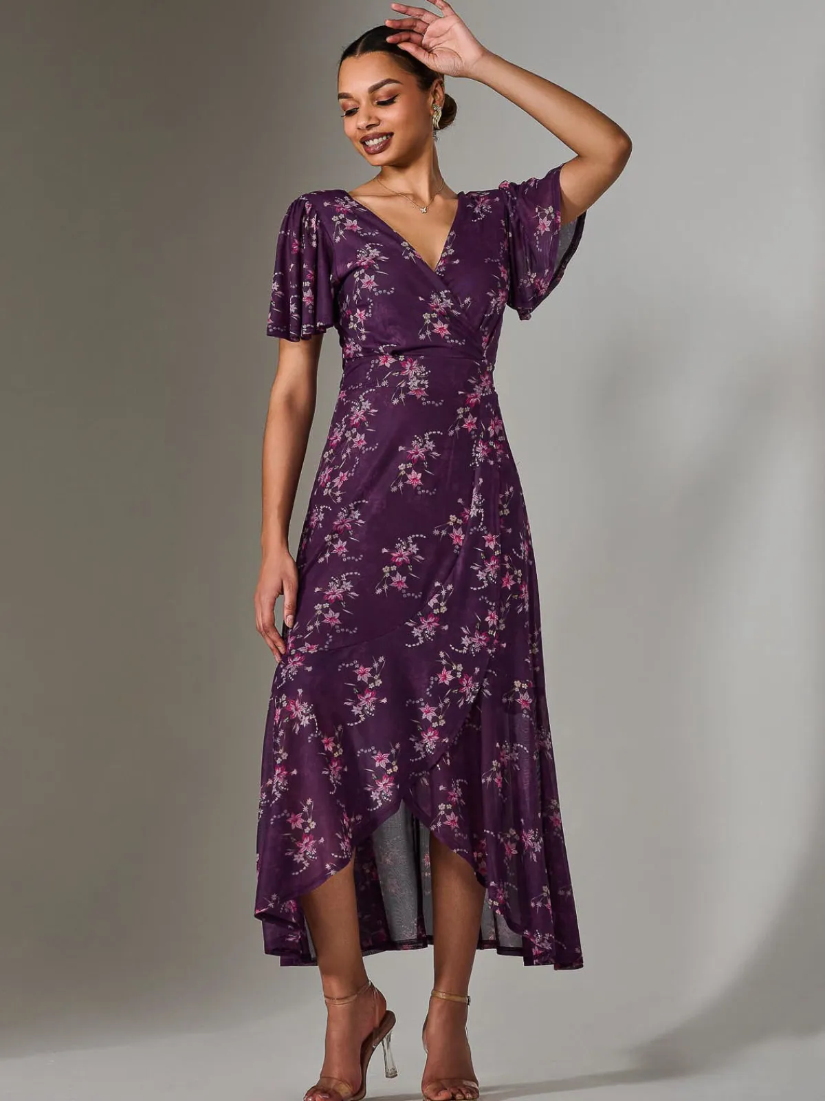 Jolie Moi Occasion Dresses|Floral Dresses-Wrap Midaxi Dress, Purple Floral