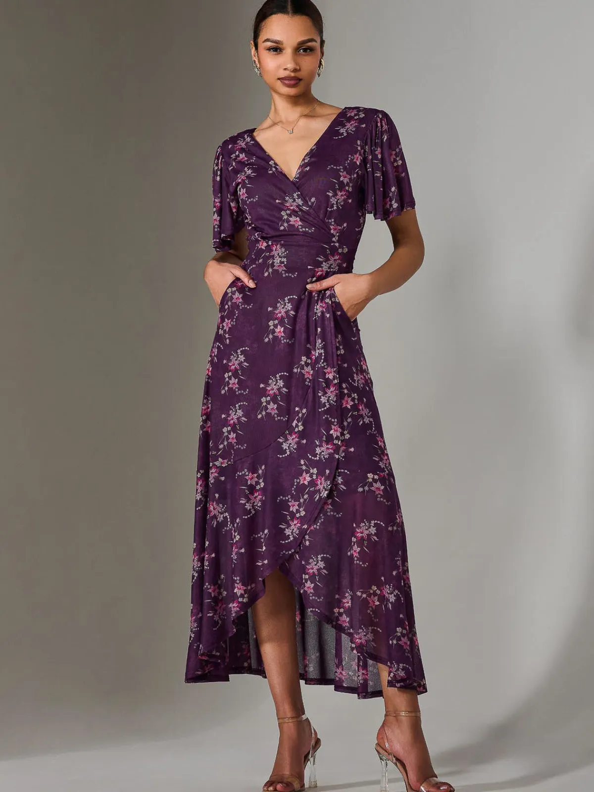 Jolie Moi Occasion Dresses|Floral Dresses-Wrap Midaxi Dress, Purple Floral
