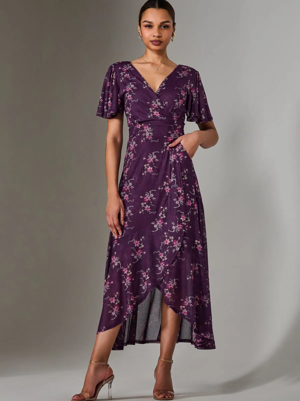 Jolie Moi Occasion Dresses|Floral Dresses-Wrap Midaxi Dress, Purple Floral