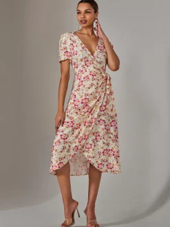 Jolie Moi Occasion Dresses|Floral Dresses-Wrap Midi Dress, Pink Floral