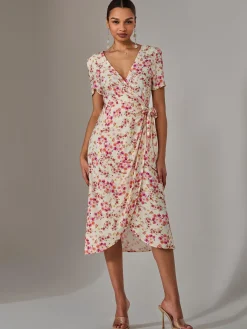 Jolie Moi Occasion Dresses|Floral Dresses-Wrap Midi Dress, Pink Floral