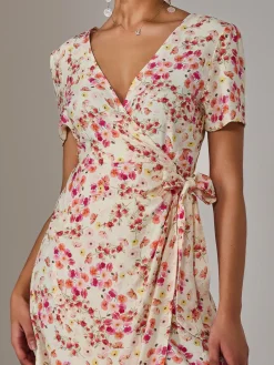 Jolie Moi Occasion Dresses|Floral Dresses-Wrap Midi Dress, Pink Floral