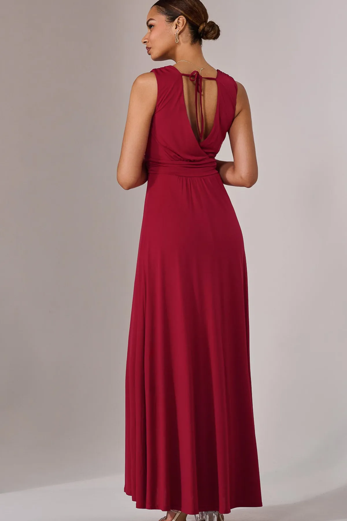 Jolie Moi Occasion Dresses|Sleeveless Dresses-Wrapped Bodice Jersey Maxi Dress, Dark Red