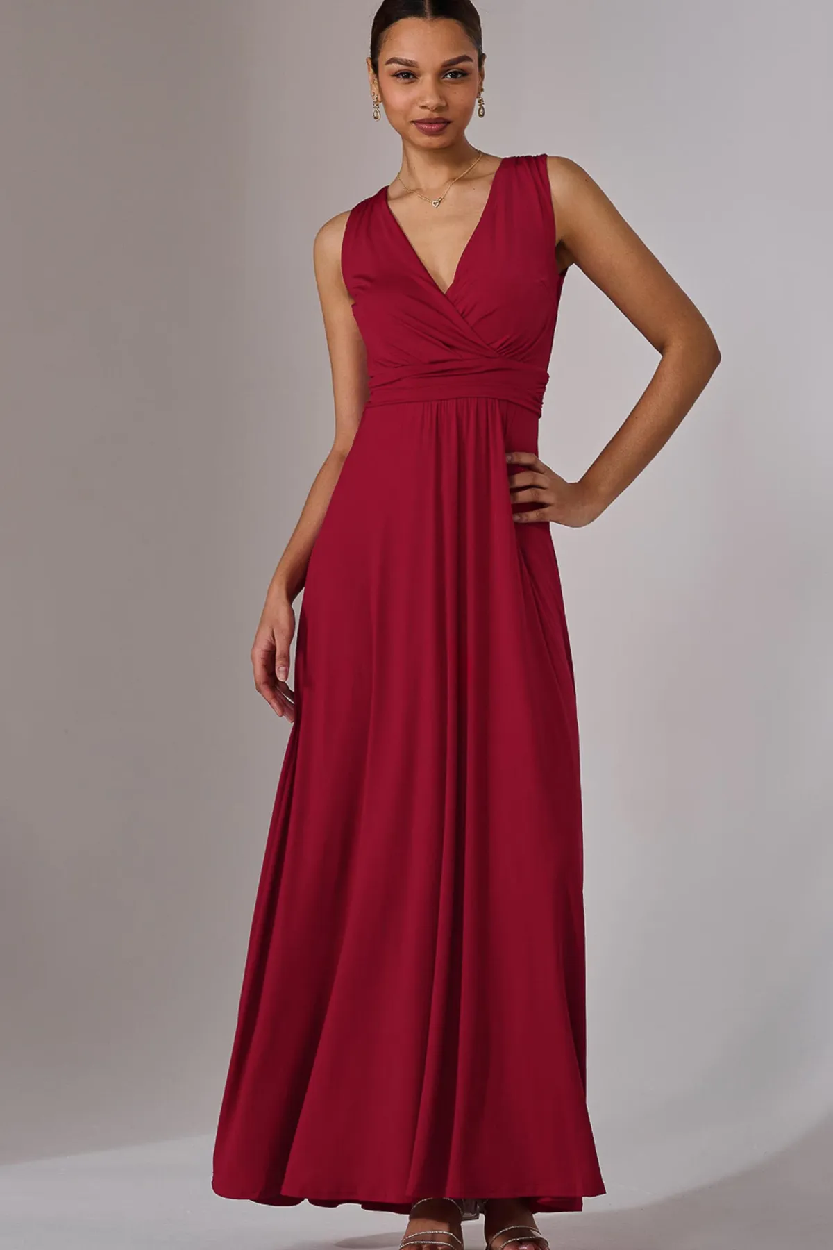 Jolie Moi Occasion Dresses|Sleeveless Dresses-Wrapped Bodice Jersey Maxi Dress, Dark Red