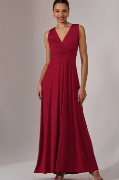Jolie Moi Occasion Dresses|Sleeveless Dresses-Wrapped Bodice Jersey Maxi Dress, Dark Red