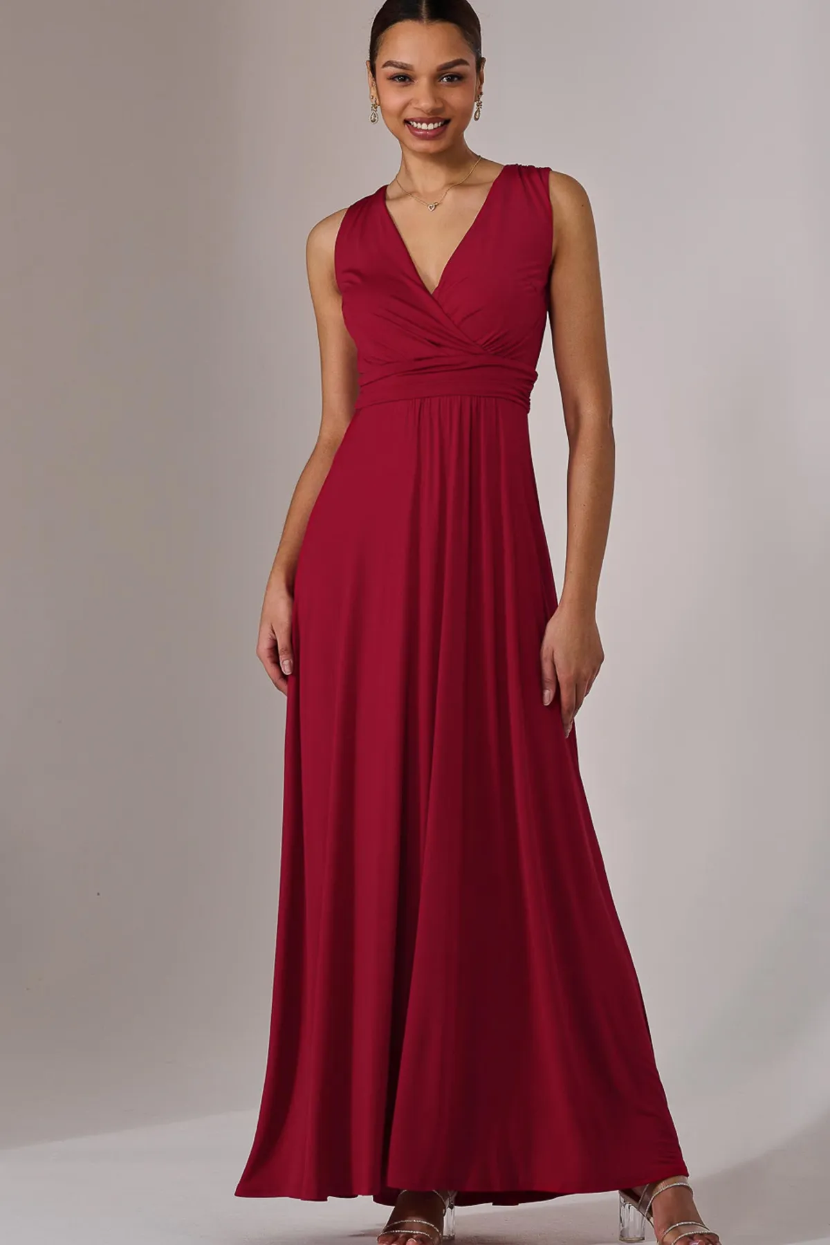 Jolie Moi Occasion Dresses|Sleeveless Dresses-Wrapped Bodice Jersey Maxi Dress, Dark Red