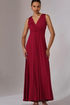 Jolie Moi Occasion Dresses|Sleeveless Dresses-Wrapped Bodice Jersey Maxi Dress, Dark Red