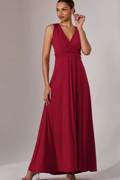 Jolie Moi Occasion Dresses|Sleeveless Dresses-Wrapped Bodice Jersey Maxi Dress, Dark Red