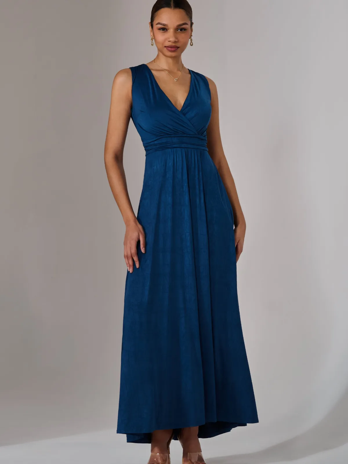 Jolie Moi Occasion Dresses|Sleeveless Dresses-Wrapped Bodice Jersey Maxi Dress, Navy