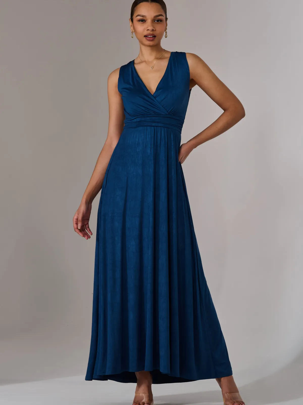 Jolie Moi Occasion Dresses|Sleeveless Dresses-Wrapped Bodice Jersey Maxi Dress, Navy